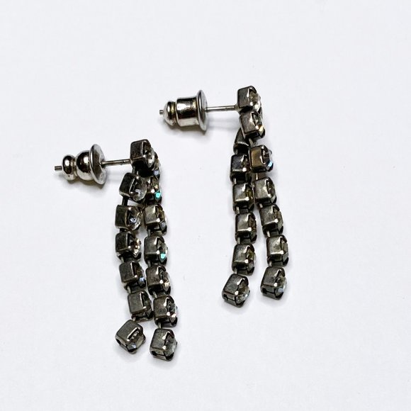 VINTAGE 1980's GLAM ART DECO DOUBLE STRAND HANG RHINESTONE EARRINGS - Picture 6 of 8